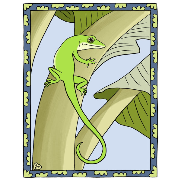 Green Anole + Banana Leaves