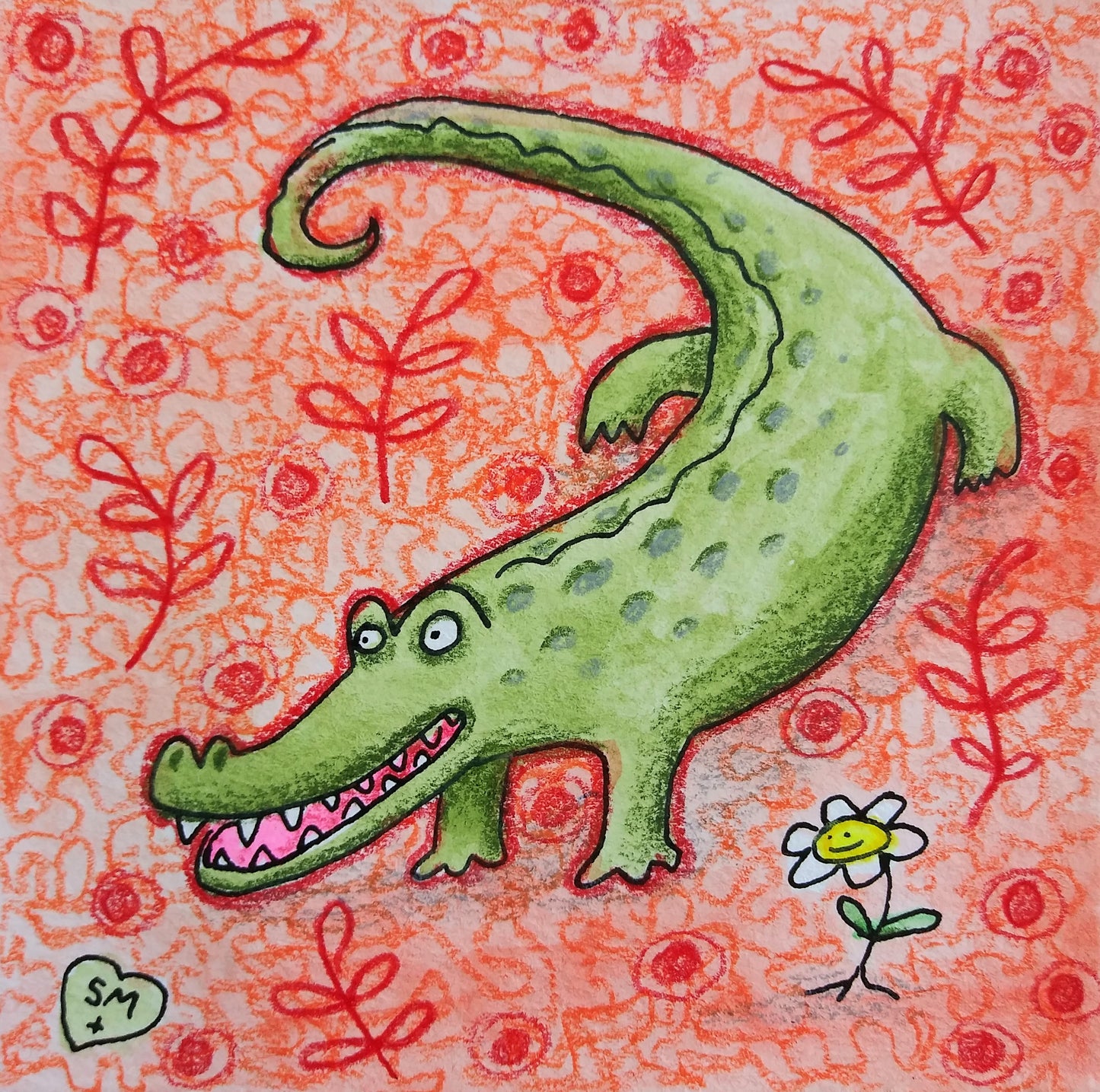Alligator with Red Plants